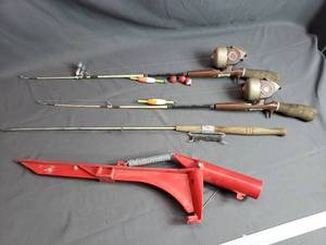 3 Older Ice Fishing Rods, Rod Holder