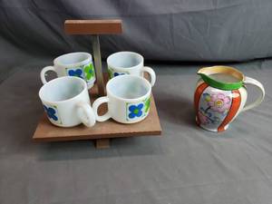 Small Trico Pitcher and Coffee Cups and Table Stand