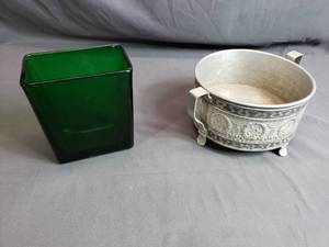 Green Napco Vase and Tin Decorative Planter