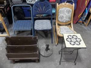 Folding Rocker, 2-Folding Chairs, Table, Wood Cabinet (21x9x22), Small Folding Mosaic Table, Umbrella Stand