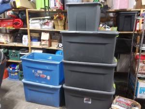 Assorted Large Plastic Storage Totes- 3-On Wheels