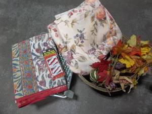 Assorted Table Cloths, Bushel Basket & Fall Decor
