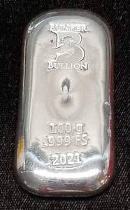 100 gram .999 FINE SILVER HAND POURED BUNKER BULLION BAR