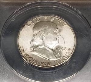 1948-D FRANKLIN HALF DOLLAR DBL DIE OBV MS63FBL ANACS RARE COIN