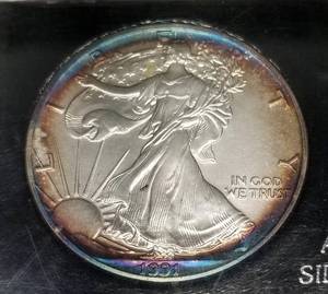 1991 AMERICAN SILVER EAGLE 1 TROY OZ .999 FINE SILVER AMAZING TONING