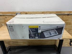 lot 43 image: AMERICAN STANDARD Sullivan Drop-In 33-in x 22-in Stainless Steel Double Offset Bowl 2-Hole Kitchen Sink All-in-one Kit