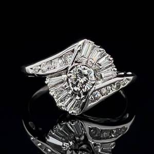 Vintage 1.00 Carat Diamond Baguette and Round Solitaire Bypass Cluster Estate Ring in 14k White Gold $2,850 Retail VIDEO