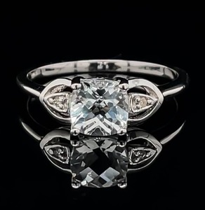 Cushion Fancy Cut Topaz and Diamond Accent 3 Stone Estate Ring in White Gold