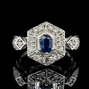 Vintage Art Deco Style Oval Sapphire and Diamond Hexagonal Ring in 14k White Gold Estate $1,999 Retail VIDEO