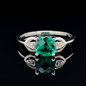 Cushion Cut Chatham Emerald and Diamond Accent 3 Stone Ring in White Gold