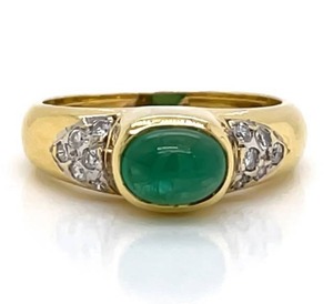 18k Yellow Gold RIng w. Natural Rich Green Emerald, Oval Cabochon Cut & Diamond Accents $2,650 Retail