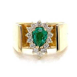 Very Fine Natural Emerald and Diamond Pear Cluster Recessed Cathedral Estate Ring in 14k Yellow Gold $2,800 Retail VIDEO
