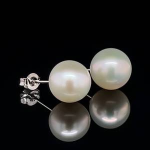 Sophisticated Real White Cultured Akoya Pearl 8mm Round Stud Estate Earrings in 14k White Gold