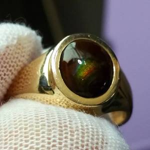 Mens Natural Australian Black Opal Solitaire Bezel Ring in 14k Yellow Gold Estate