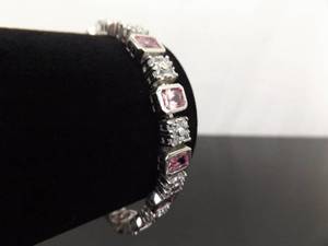 .925 Sterling Silver Princess Cut Pink Sapphire Crystal Bracelet