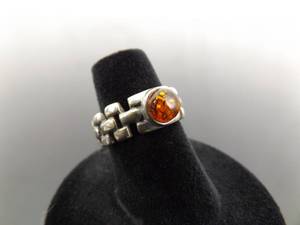 .925 Sterling Silver Amber Cabochon Ring Size 5.75