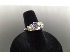 .925 Sterling Silver Multi Colored Crystal Ring Size 6.5