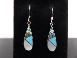 .925 Sterling Silver Inlayed Abalone, Turquoise, and Mother of Pearl Dangle Hook Earrings