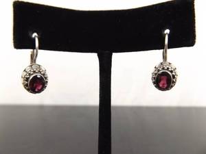 .925 Sterling Silver Oval Cut Garnet Hook Latch Earrings