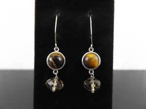 .925 Sterling Silver Tigers Eyer Cabochon and Faceted Citrine Hook Dangle Earrings