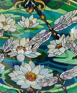 Stunning Floral and Dragonfly Themed  Stained Glass Serving Platter