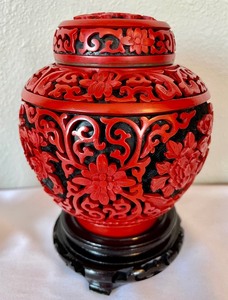 Cinnabar Vase with Foo Dog Figurines