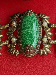 lot 128 image: Ornate Art Deco Wide Panel Bracelet wGreen Cabochons