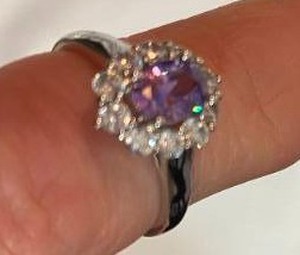 lot 193 image: Silver Cushion Ring with Cubic Zirconia & Purple Crystal Sz 8