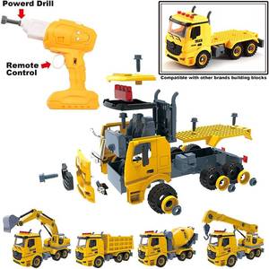 lot 14 image: JOYIN 4-in-1 Take Apart Construction Trucks with Electric Drill
