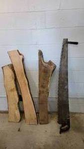 lot 722 image: 3 Piece Live Edge Wood and Collectable Antique Vintage One Man Tuttle Tooth Saw (4.5)