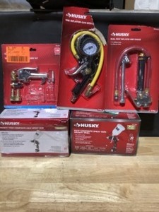 Husky Composite Spray Paint Guns, Tire Inflation Gun, Dual Foot Inflator and Guage & 13-Piece Air Accessory Kit. Various Conditions. See Pictures
