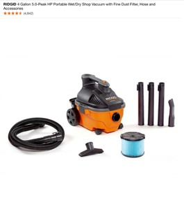 RIDGID 4 Gallon 5.0-Peak HP Portable WetDry Shop Vacuum with Fine Dust Filter, Hose and Accessories. See Pictures