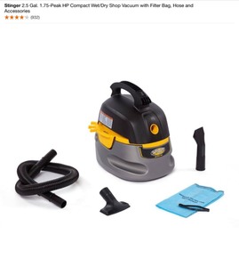 Stinger 2.5 Gal. 1.75-Peak HP Compact WetDry Shop Vacuum & RIDGID 4 Gallon 5.0-Peak HP Portable WetDry Shop Vacuum. See Pictures