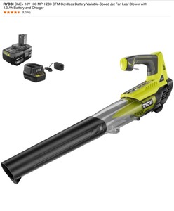 RYOBI ONE 18V 100 MPH 280 CFM Cordless Battery Variable-Speed Jet Fan Leaf Blower with 4.0 Ah Battery and Charger. See Pictures
