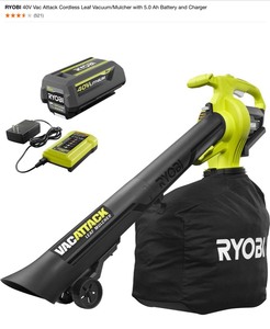 RYOBI 40V Vac Attack Cordless Leaf VacuumMulcher with 5.0 Ah Battery and Charger. See Pictures