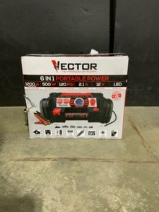 Vector 1200 Peak Amp Portable Car Jump StarterPortable Power Station with 120 PSI Compressor and 500 Watt Power Inverter. See Pictures