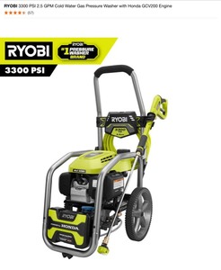 RYOBI 3300 PSI 2.5 GPM Cold Water Gas Pressure Washer with Honda GCV200 Engine. See Pictures