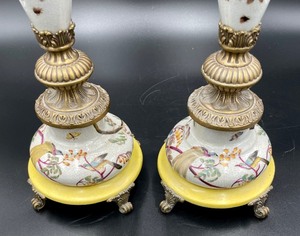 Elegant Pair of Footed Porcelain & Brass Chinese Candlesticks