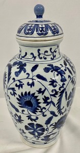 Blue and White Floral Porcelain Lidded Jar
