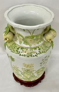 Vintage Chinese Porcelain Vase Reproduction with Wooden Base