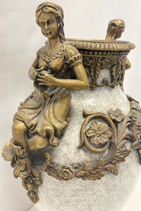 Ornate Porcelain and Brass Vase Adorned with Maiden Figurines