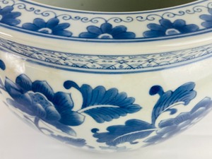 Blue and White Asian Inspired Planter with Wooden Base