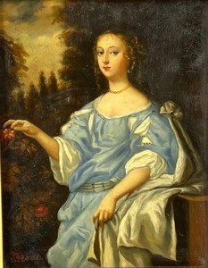 Vintage Lady in Cornflower Blue Oil on Canvas Framed Portrait Painting by Jan Steen
