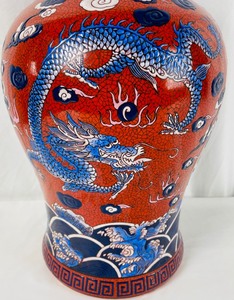 Vibrant Red Chinese Blue Dragon Vase