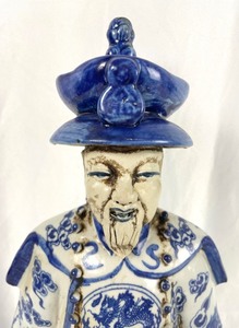 Vintage Blue and White Porcelain Qing Emperor Chinese Statue (Reproduction)
