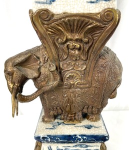 Castilian Brass and Ceramic Elephant Obelisk - Brass Elephant-Mounted Porcelain Obelisk Inspired by Gian Lorenzo Bernini