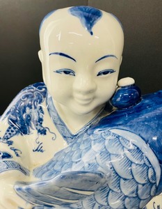 Chinese Porcelain Man Figurine with Koi Fish Statue