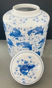 Blue and White Koi Fish Themed Ginger Jar