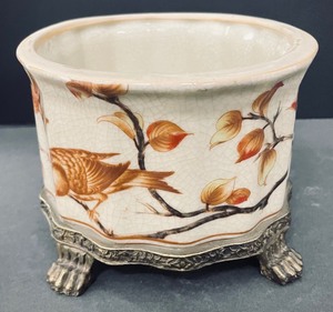 Bird Themed Brass Accented Footed Flower Pot