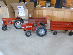 2 Vintage Metal Tractors with Wagons